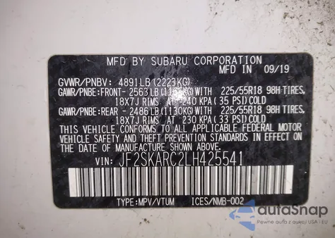 2020 Subaru Forester Sport из США, поврежденный, VIN JF2SKARC2LH425541